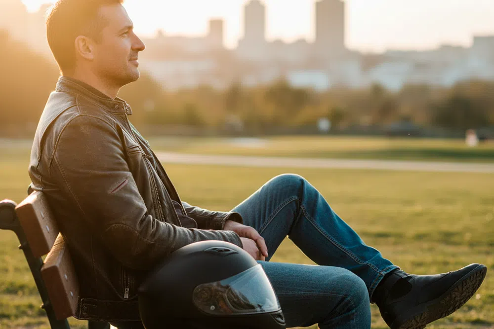 A man, a motorcycle accident survivor, sits contemplatively on a park bench at sunset, with a helmet beside him, symbolizing hope and recovery after injury in Kansas City